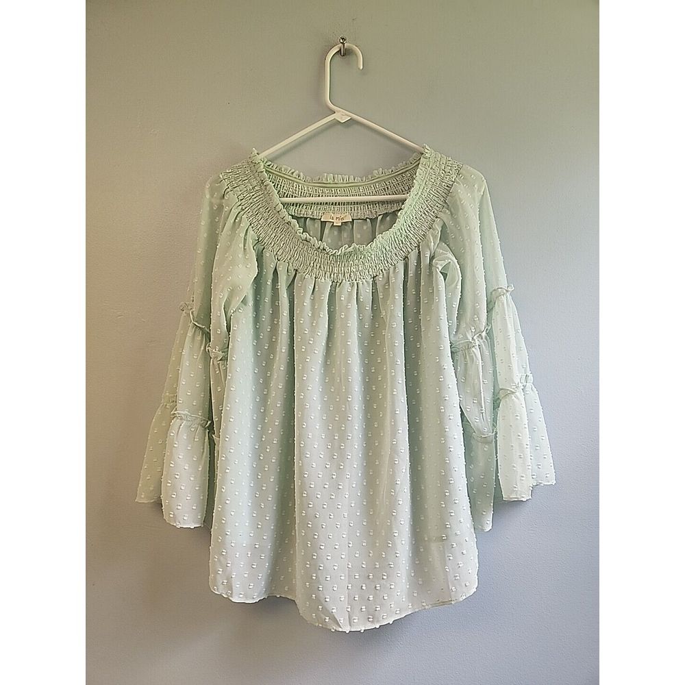 La Miel Womens L Top Smocked Off Shoulder Swiss Dot Peasant Lined Tiered Bell